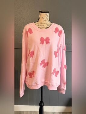 Pink Bow Appliqué Crewneck Sweater